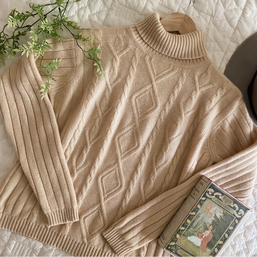 Cozy Cashmere Lochmere Cable Knit Turtleneck Sweater - Cream